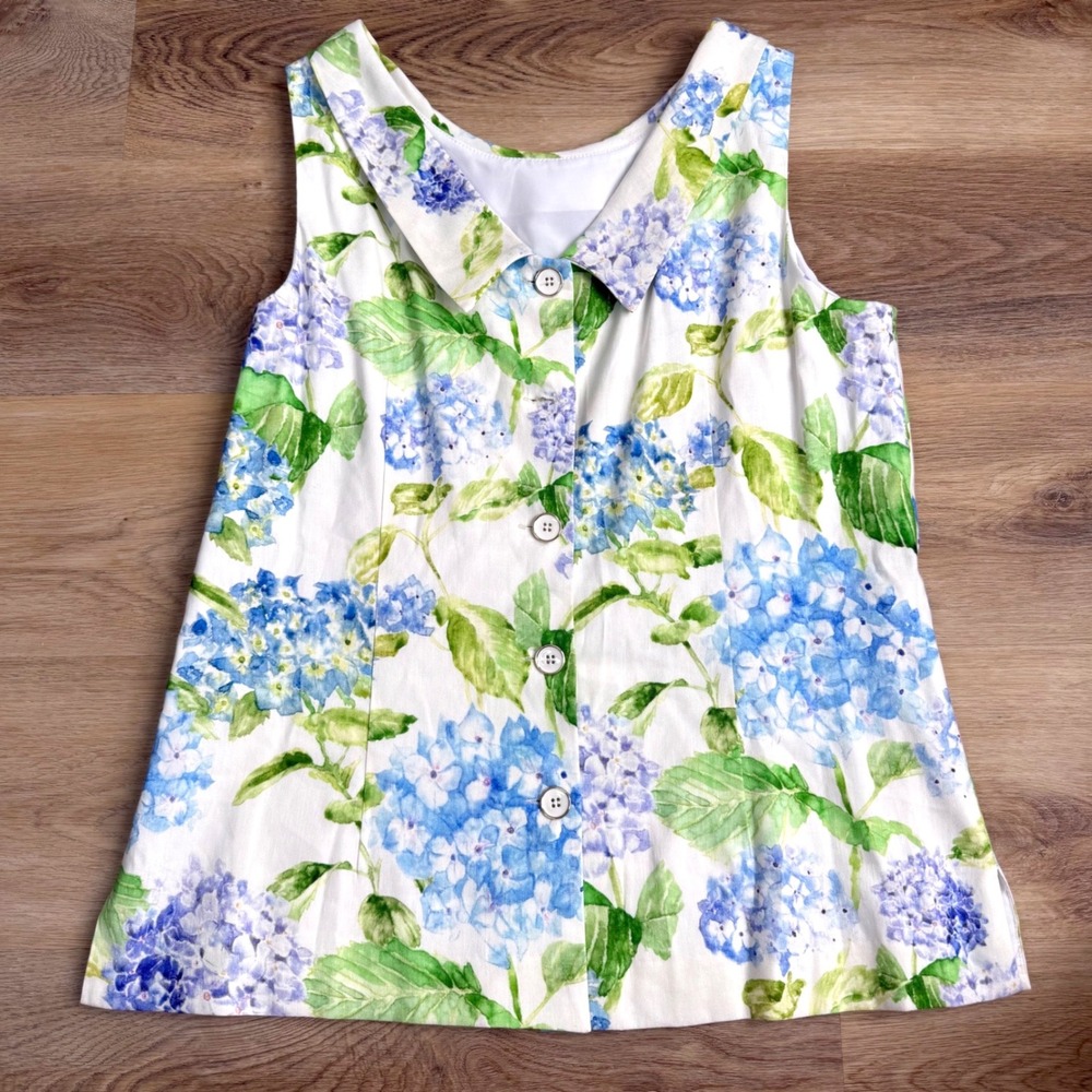 Sara Campbell Blue Hydrangea Button Back Linen Blend Womens Sleeveless Top Large